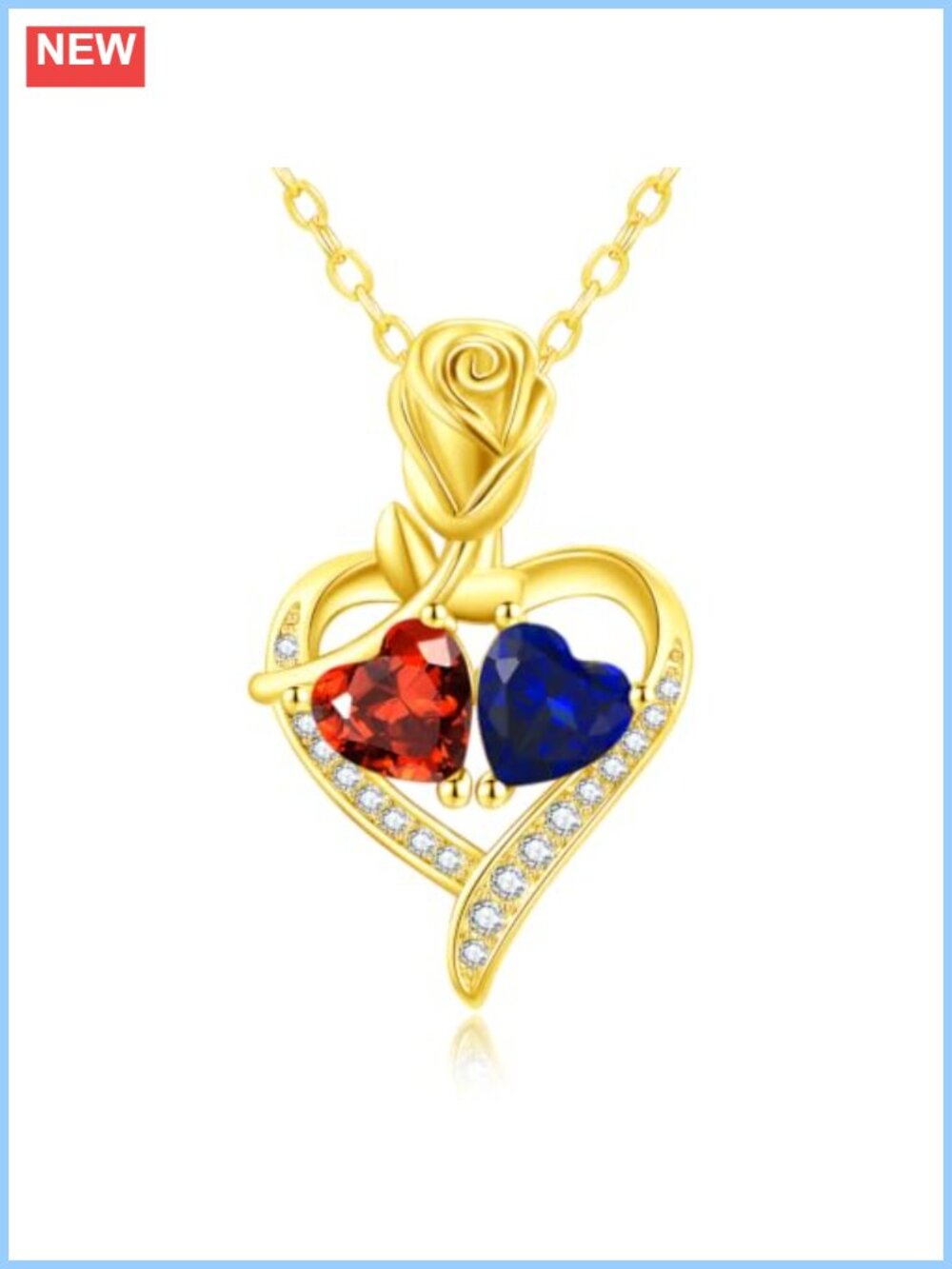 14K Gold Plated Heart Necklace Double Birthstone Pendant Rose Flower Gift